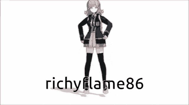 a girl is dancing in front of a white background with the name richyflame86 written on it .