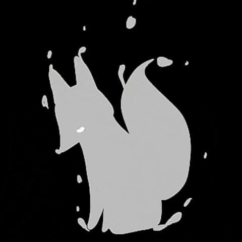 a white silhouette of a fox on a black background with drops of water coming out of it 's tail .