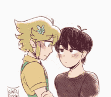 a drawing of two anime characters looking at each other with a flower in their hair