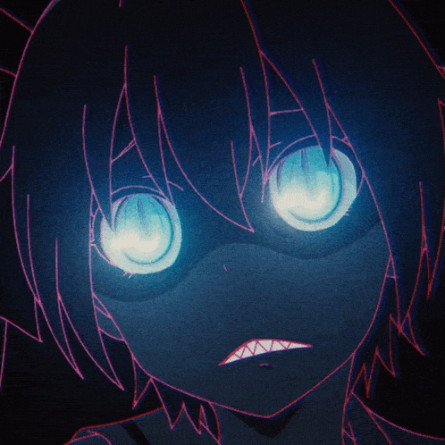 a drawing of a person with glowing blue eyes