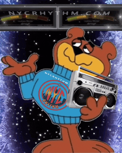 a cartoon bear is wearing a nyc sweater and holding a boom box