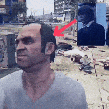 a man in a video game with a red arrow pointing to him