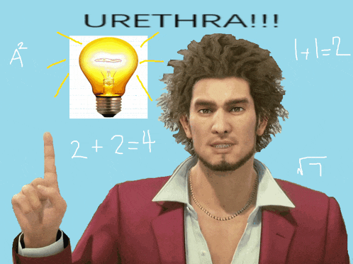 a man in a red suit is pointing at a light bulb with the words urethra written on the bottom