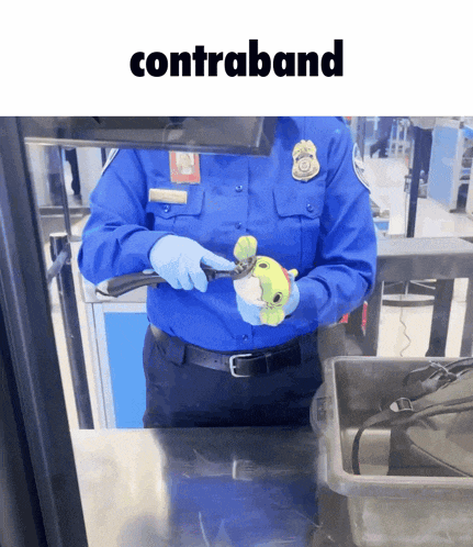 a security guard is holding a stuffed animal and the word contraband is on the bottom