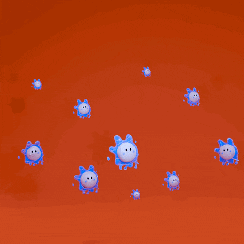 a cartoon character with a smiley face is surrounded by blue liquid on an orange background