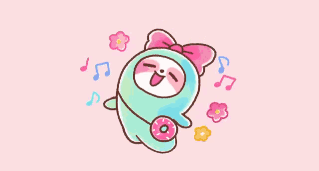 a cartoon character with a pink bow is surrounded by music notes