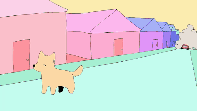 a cartoon of a dog standing in front of a row of pink houses