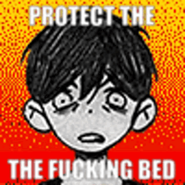 a black and white drawing of a boy with the words `` protect the the fucking bed '' written on it .