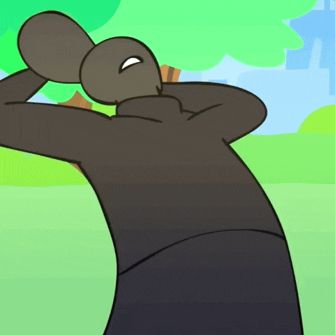 a cartoon character is standing in a field with his arms outstretched and a tree in the background