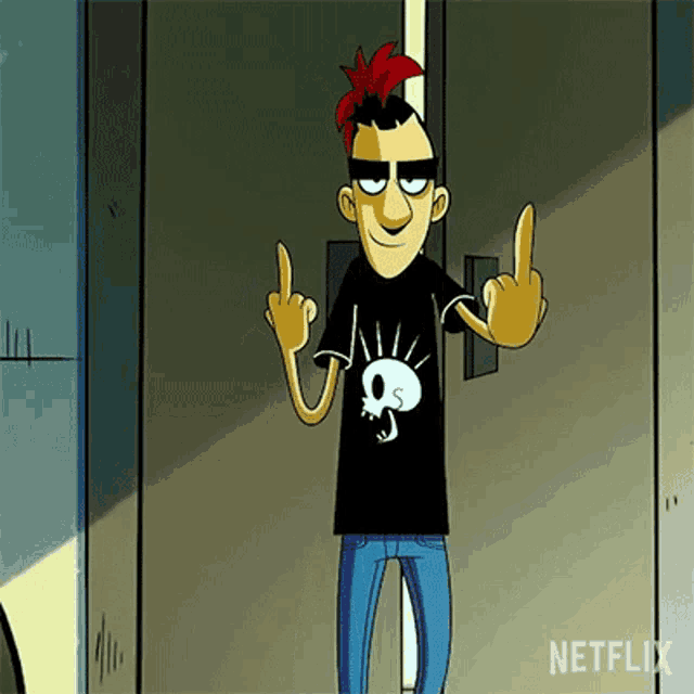 a cartoon character is giving the middle finger while wearing a skull shirt .