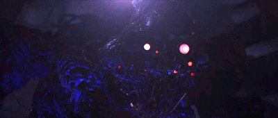 a computer generated image of a monster with red eyes in a dark room