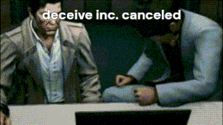 two men are sitting at a table with the words deceive inc. canceled written above them