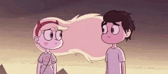 a boy and a girl from star vs the forces of evil are standing next to each other and looking at each other .