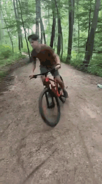a man is riding a bicycle on a dirt road in the woods .