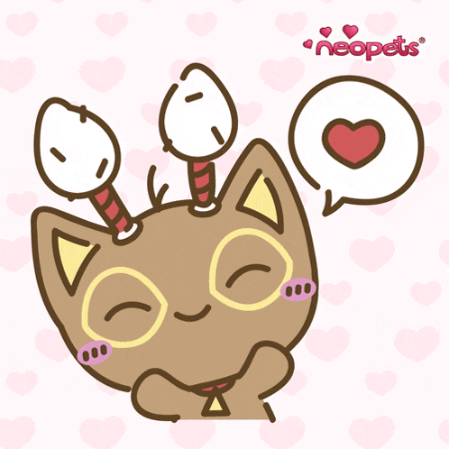 a cartoon of a cat with a heart in a speech bubble that says neopets on it