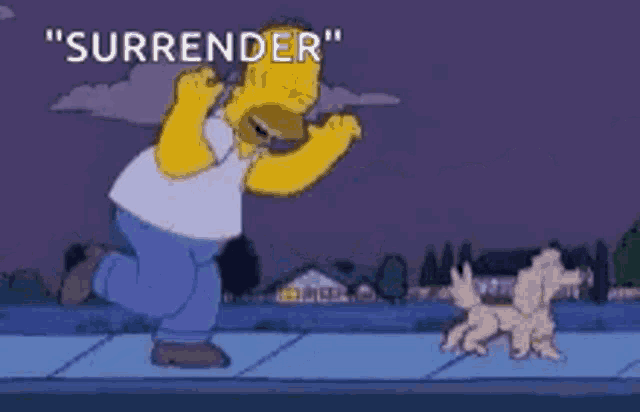 a cartoon of homer simpson running away from a dog and saying `` surrender '' .