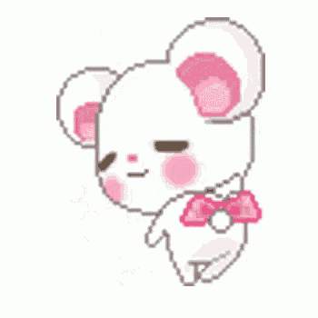 a pixel art of a teddy bear wearing a pink bow tie and hearts .