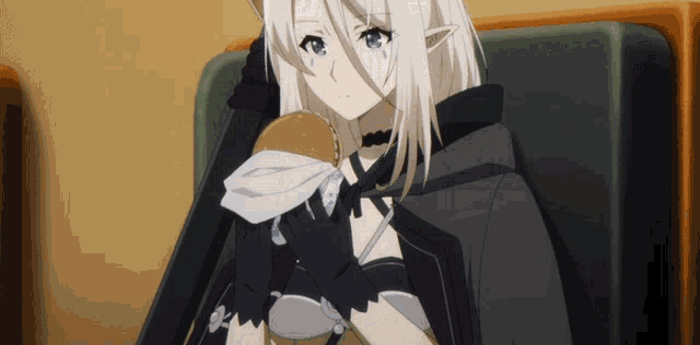 a girl with white hair is holding a hamburger