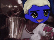 a cartoon of a person with a blue face holding a trophy