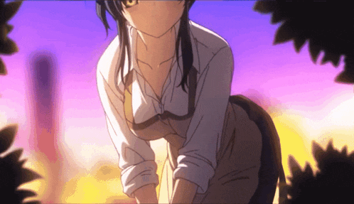 a girl in a white shirt and brown apron is standing in front of a sunset