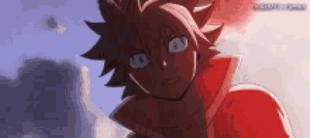 a close up of a cartoon character with red hair and blue eyes looking at the camera .