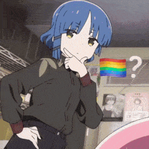a girl with blue hair is thinking with a rainbow flag and a question mark in the background