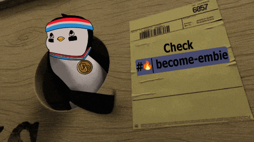a penguin is standing next to a check that says become-embie