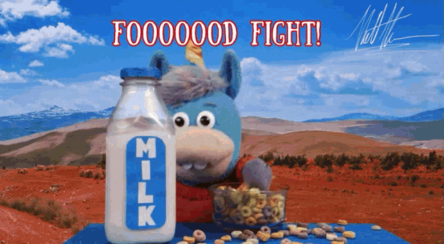 a picture of a unicorn holding a bottle of milk and a bowl of cereal