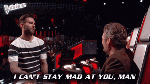 a man on the voice says " i can 't stay mad at you man " to another man