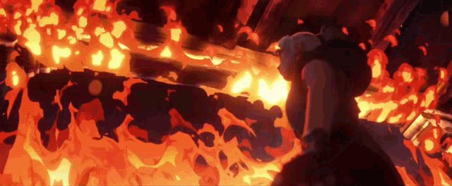 a painting of a person standing in front of a fire .
