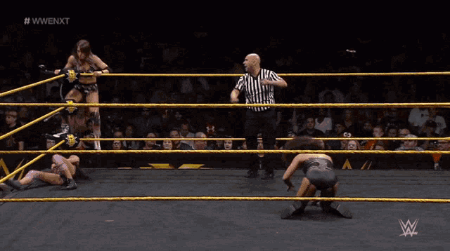 two women are wrestling in a ring with a referee and the words #wwe nxt on the bottom