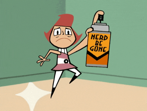 a cartoon girl holding a spray can that says nerd be gone
