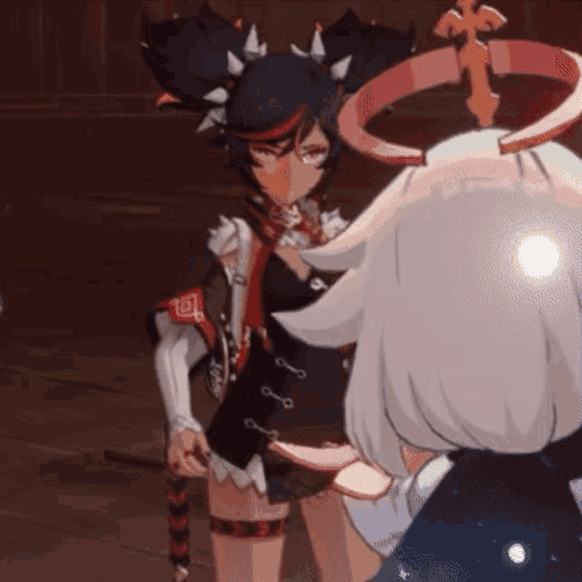 a couple of anime characters are standing next to each other in a room .
