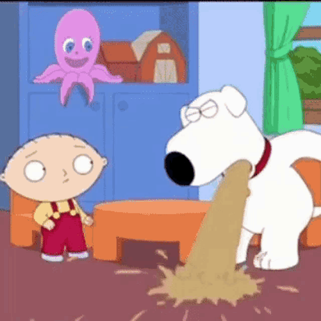 a cartoon of a dog vomiting in front of a child