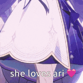 a girl in a purple dress with the words she loves ari on the bottom