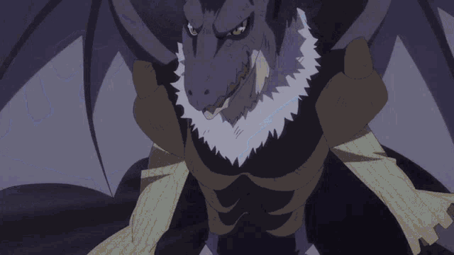 a close up of a dragon with a sword in its mouth .