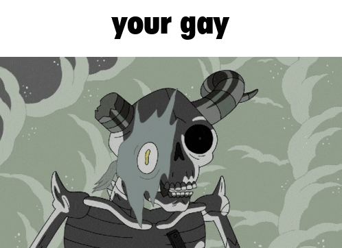 a cartoon of a skeleton with horns and the words " your gay " above it