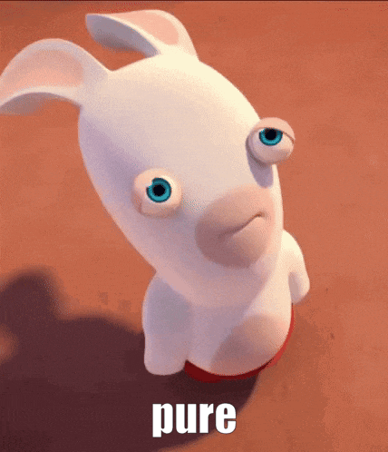 a cartoon rabbit with blue eyes is sitting on a red surface and the word pure is on the bottom of the picture .