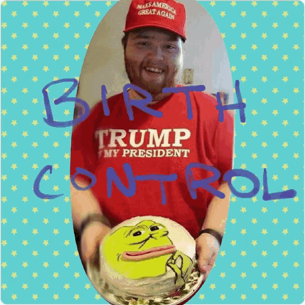 a man wearing a trump shirt holds a cake