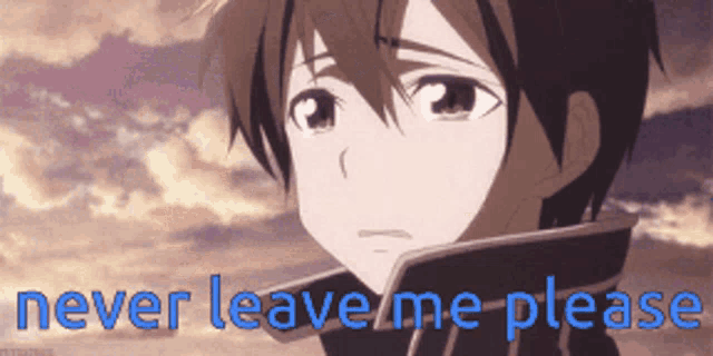 a picture of a boy with the words " never leave me please " below him