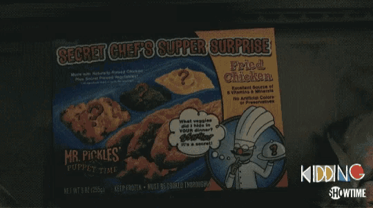 a box of mr. pickles ' puppet time fried chicken