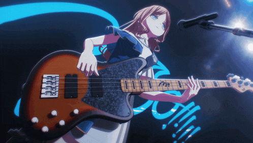 a girl playing a bass guitar with the letter t on the strings