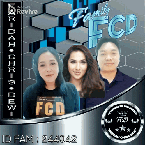 a picture of a man and two women with the words family fcd