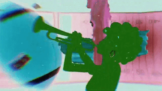 a green cartoon character is playing a trumpet in front of a pink wall