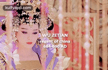 a painting of a woman with a crown on her head and the words wu zetian regent of china 684-690 ad .