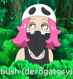 a girl with pink hair and a mask on her face is standing in the woods with the words bush ( derogatory ) behind her