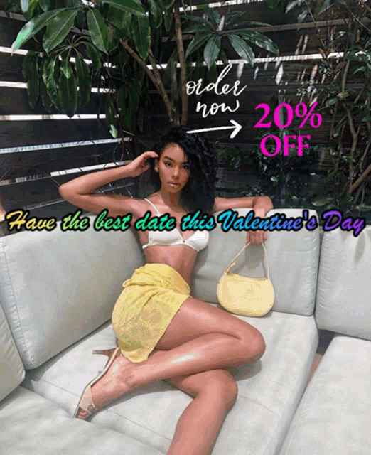a woman is sitting on a couch with the words have the best date this valentine 's day on the bottom