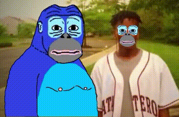 a blue gorilla and a man wearing a jersey that says tero