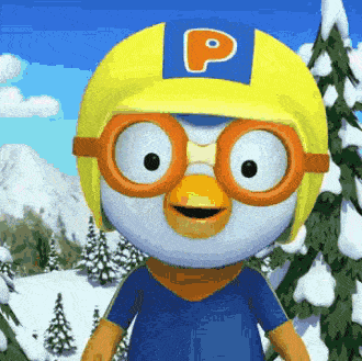 a cartoon penguin wearing a helmet with the letter p on it .