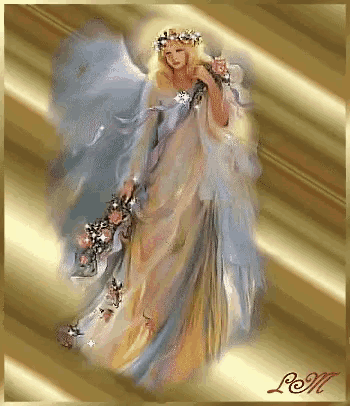 a painting of an angel with the letter m on the bottom right
